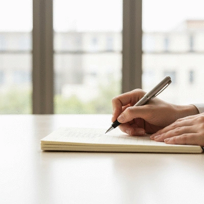 Person's hands holding a pen and notebook, jotting down notes during a meeting or consultation