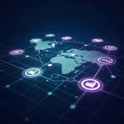 Abstract representation of global data privacy and compliance symbols, indicating CPRA and GDPR updates