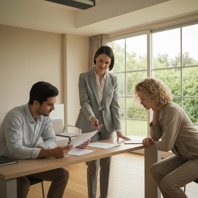 Family lawyer explaining agreement to a couple in a modern office