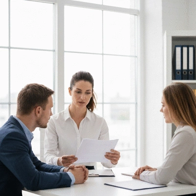 Professional property lawyer reviewing documents with clients in an office setting, no text, no words, no typography, clean image