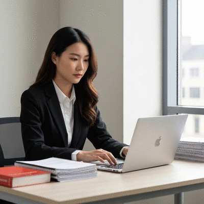 Person using a laptop to search for legal services, with an immigration law book visible on the desk
