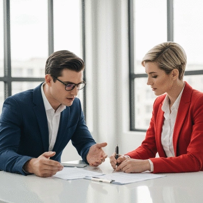 Lawyer and small business owner discussing legal documents in a modern office, no text, no words, no typography