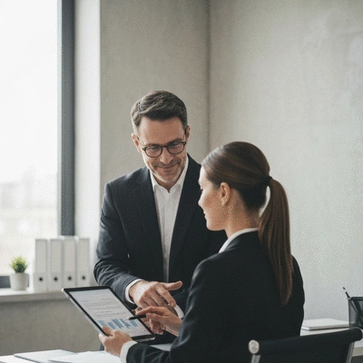 Legal professional consulting with a business owner, discussing documents