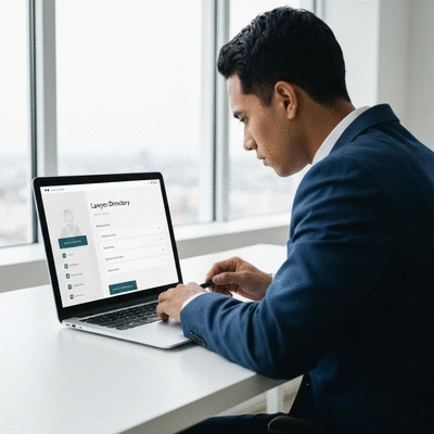 Person using a laptop to search for legal services on a modern, clean website interface
