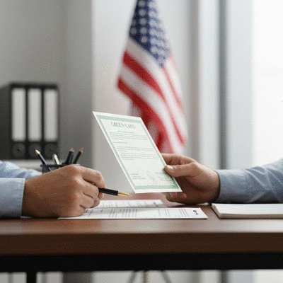 Person reviewing green card documents, with a U.S. flag subtly in the background