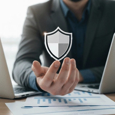 Close-up of a hand holding a stylized shield icon over a blurred background of business documents, representing intellectual property protection, no text, no words, no typography, 8K