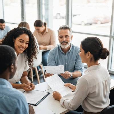 Diverse group of people in a community center discussing legal documents, clean image, no text