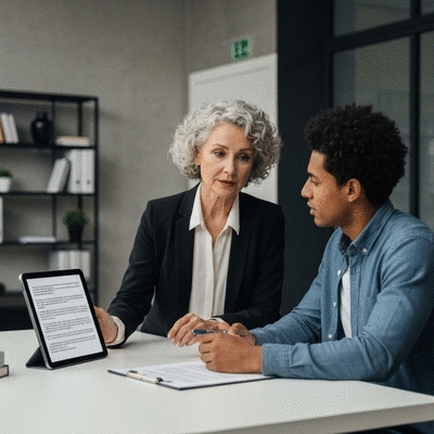Lawyer advising an e-commerce business owner in a modern office, showing legal documents