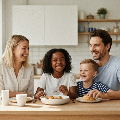 Diverse family looking happily at a computer screen, symbolizing online immigration resources