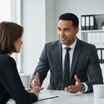 Professional lawyer discussing case with client in a modern office, showing active listening and clear communication