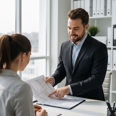 Professional immigration lawyer reviewing documents with a client in a bright, modern office, no text, no words, no typography, clean image