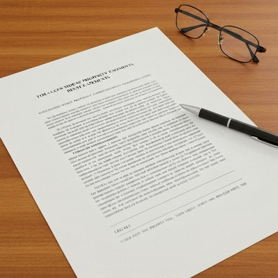 Close-up of a legal document outlining property easements, with a pen and glasses on a wooden desk