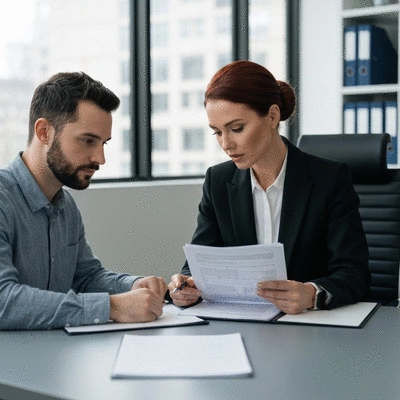 Experienced criminal defense lawyer reviewing case documents with a client in a professional office setting