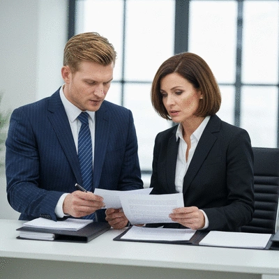 Business professional reviewing legal documents with a lawyer, showcasing collaboration and serious discussion, clean image, no text, no words, no typography, no labels, 8K