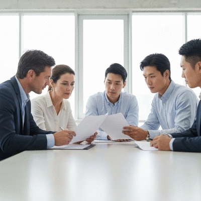 Professional business team discussing succession planning documents in a modern office, clean image, no text, no words, no typography, no labels, 8K