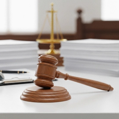 Gavel on a desk with legal documents, symbolizing legal proceedings