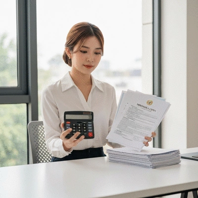 Person holding a calculator and documents, symbolizing budget planning