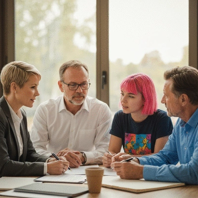 Diverse group of people collaborating around a table, representing legal support and community