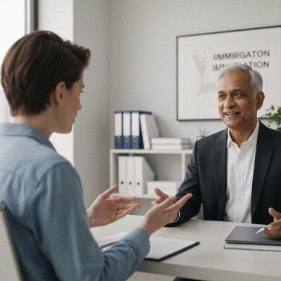 Person reviewing legal documents with an immigration lawyer in a modern office