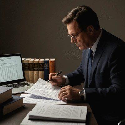 Person reviewing legal documents with a pen, surrounded by legal books, indicating legal counsel for property disputes
