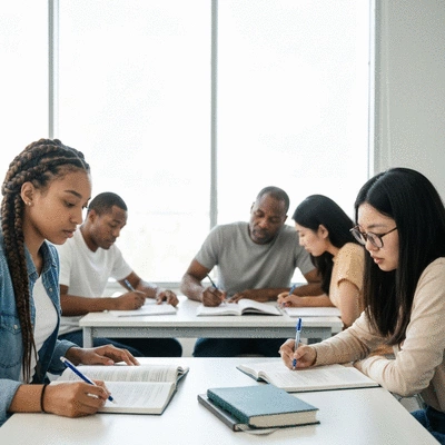 Diverse group of people studying for citizenship test, focused and engaged