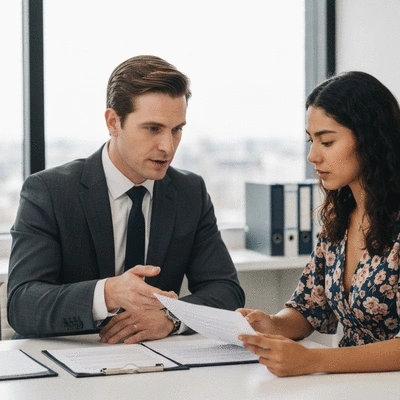 Immigration lawyer consulting with a client, showing documents, professional setting