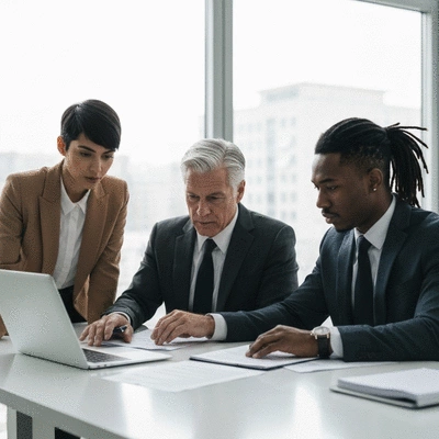 Modern office setting with diverse team collaborating on legal strategy