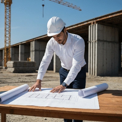 Architect reviewing property plans on a construction site