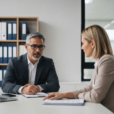 Family lawyer consulting with a client, showing empathy and clear communication