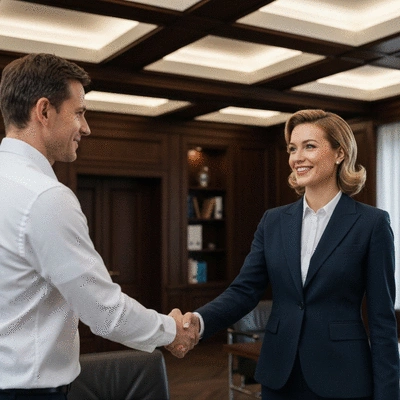 Client shaking hands with a lawyer in a professional setting, symbolizing trust and confidence