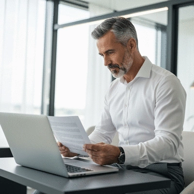 Small business owner reviewing legal documents on a laptop, professional setting, no text, no words, no typography