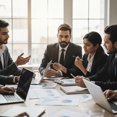 Diverse group of business people collaborating around a table, no text, no words, no typography, 8K, natural lighting
