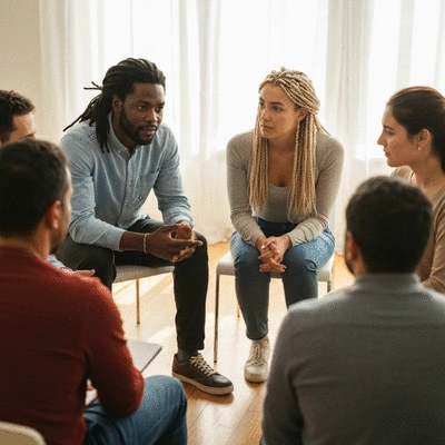 Diverse group of people in a support group discussion, showing support and empathy