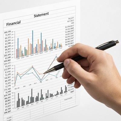 Hand holding a pen, pointing at a financial statement with graphs and numbers, representing financial hardship and planning, no text, no words, no typography, no labels, clean image