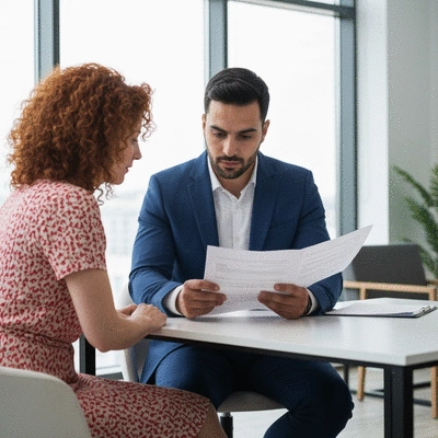 Business lawyer reviewing a contract with a client in a modern office setting