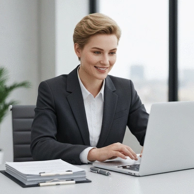 Person using a laptop for an online immigration legal consultation, with legal documents and a pen nearby, bright and professional setting.
