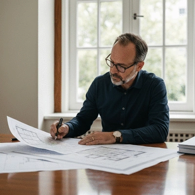 Architect reviewing zoning maps and blueprints on a table, soft natural light, no text, no words, no typography, no labels, clean image