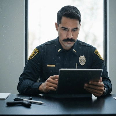 Modern law enforcement officer analyzing digital evidence on a tablet in a clean, high-tech environment