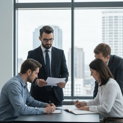 Professional real estate lawyer consulting with clients in a modern office, reviewing documents, no text, no words, no typography, clean image