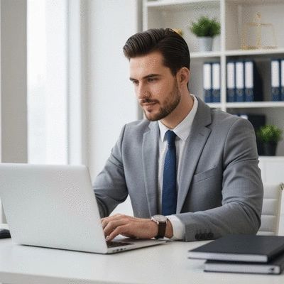 Person using a laptop to research legal guidance online, with a focus on trust and recommendation, no text, no words, no typography, clean image