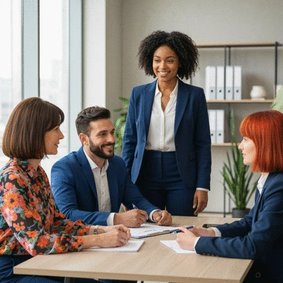 Diverse group of people in discussion with an immigration lawyer in a modern office setting