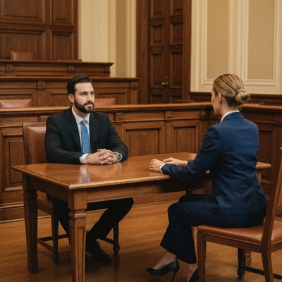 Person shaking hands with a lawyer across a desk, representing legal consultation and guidance