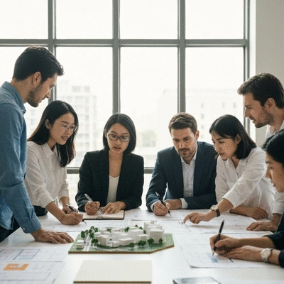Diverse team of architects and urban planners collaborating around a large table with city models and documents, bright modern office, no text, no words, no typography, no labels, clean image