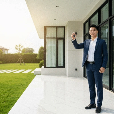 Hand holding house keys with legal documents in the background