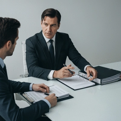 Professional criminal lawyer in a modern office, discussing case details with a client, legal documents visible, no text, no words, no typography, clean image