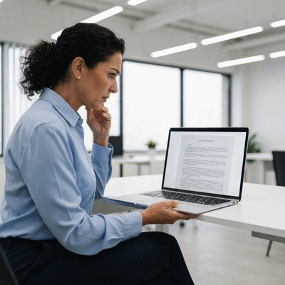 Person looking frustrated at a legal document on a laptop, concept of poor legal communication