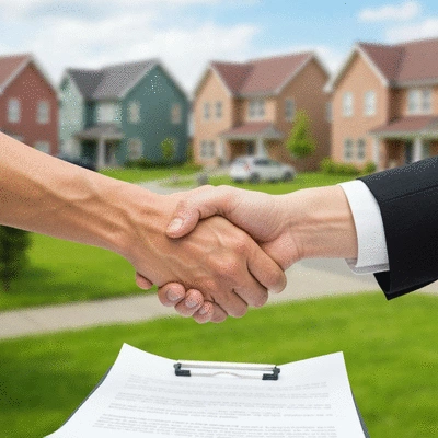 Two hands shaking over a property deed, symbolizing resolution of a boundary dispute, with a blurred background of a residential area