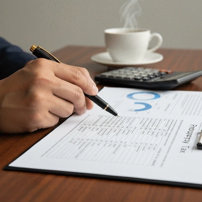 Hand holding a pen, pointing at a property tax document on a desk with a calculator and coffee