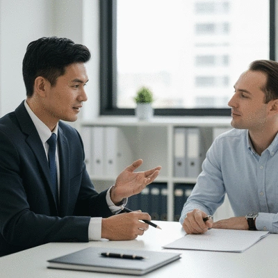 Local criminal defense lawyer consulting with a client in a modern office, showing trust and personalized communication