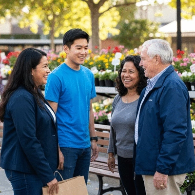 Diverse group of people in a community setting, smiling and interacting, symbolizing community integration and local support, no text, no words, no typography, 8K